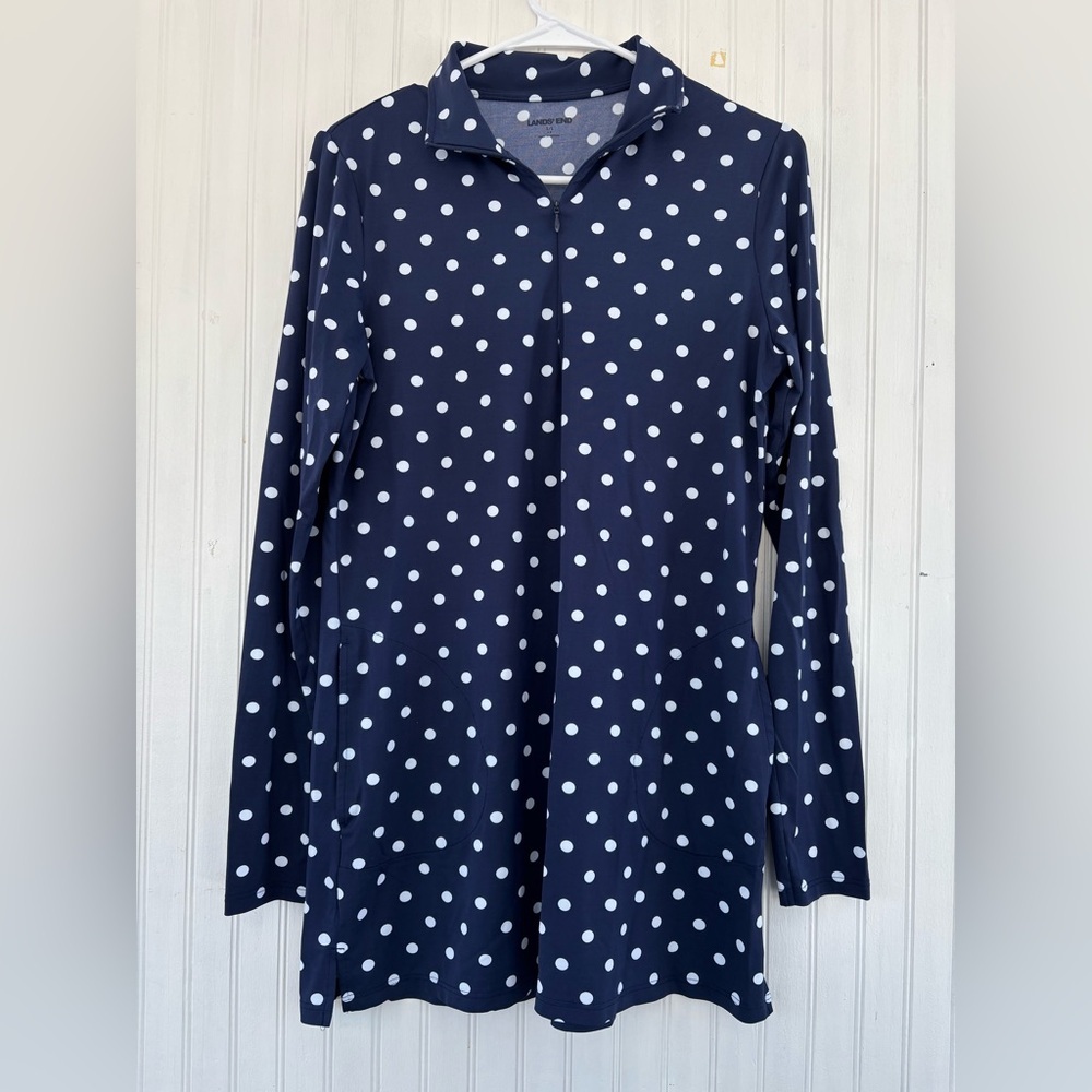 Lands' End Women's Navy Blue White Polka Dot Long Sleeve Tunic Rash Guard SMALL